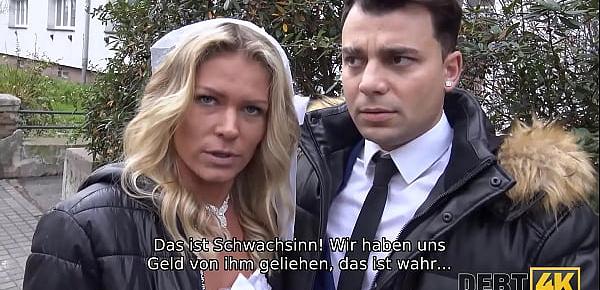 DEBT4k. Schuldeneintreiber fickt die Braut im weißen Kleid und in Strümpfen